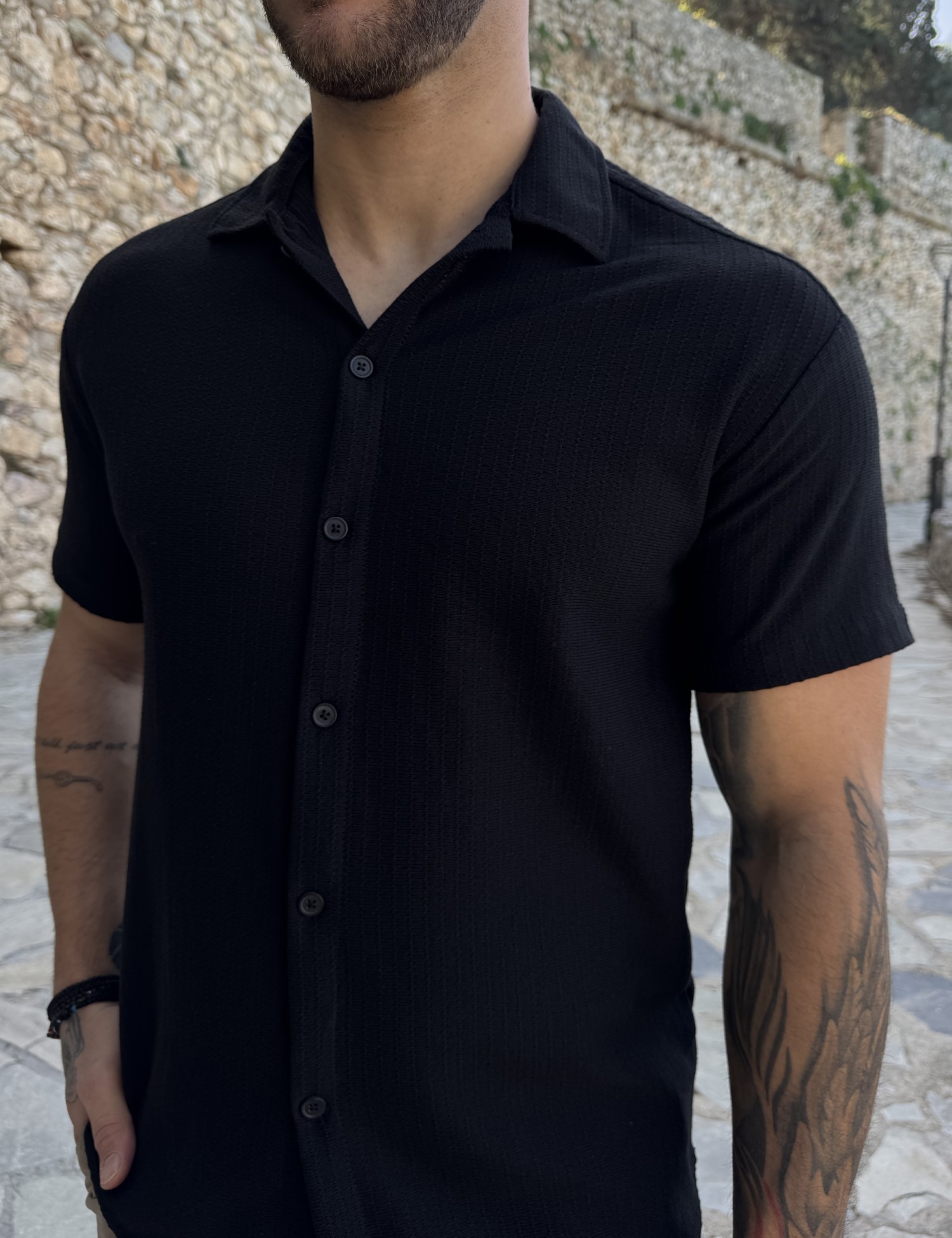 Ανδρικό μαύρο πλεκτό κοντομάνικο πουκάμισο RMZ19132M φωτογραφία